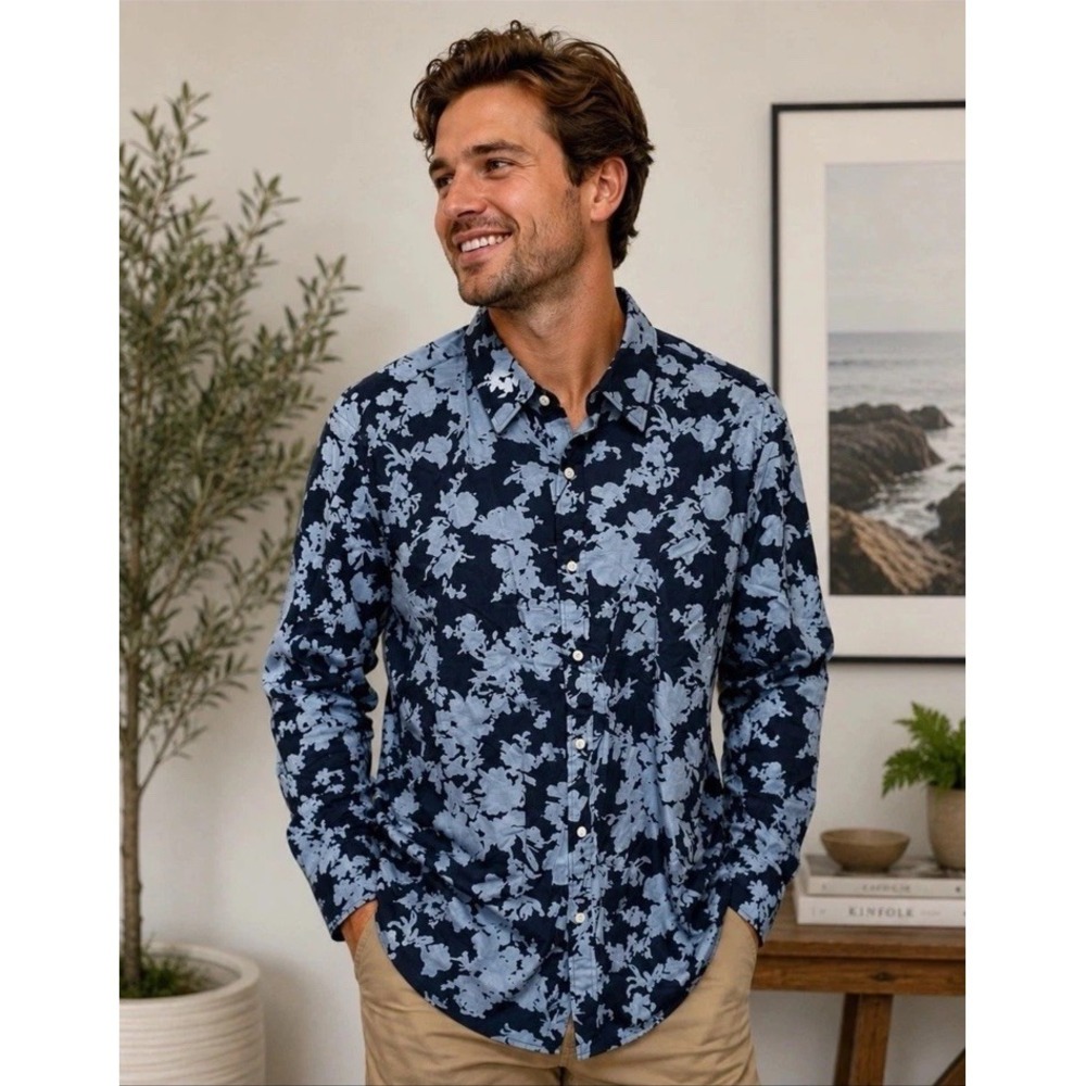 Michael Kors Mens Navy & Light  Blue Slim Fit Button-Up Long Sleeve Shirt Sz L